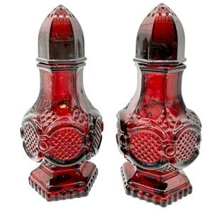 Vintage Avon Charisma Cologne Salt Shakers Set Of 2 Red Glass Hexagon Base